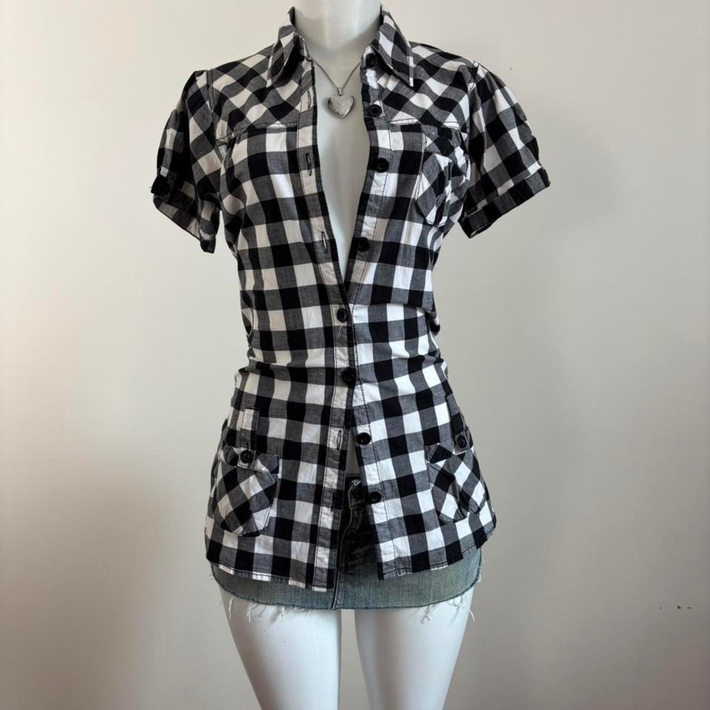 y2k black white gingham fitted blouse short sleeve size M - Picture 4 of 6